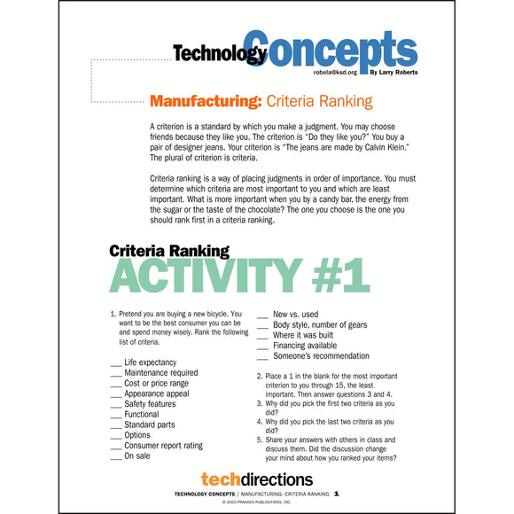Manufacturing: Criteria Ranking Classroom Project pdf first page