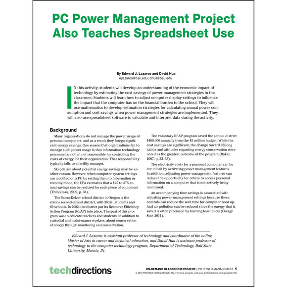 PC Power Management Project Also Teaches Spreadsheet Use pdf first page