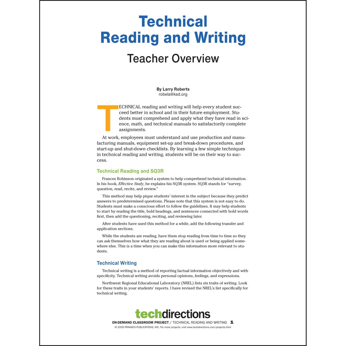 Technical Reading and Writing Classroom Project pdf Tech Directions