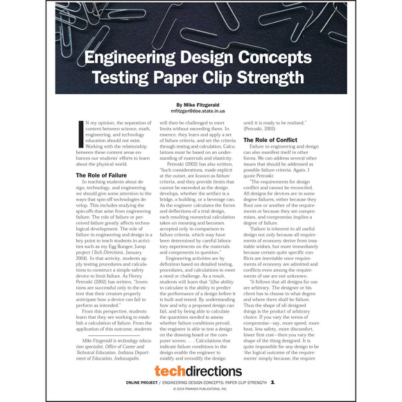 Engineering Design Concepts: Testing Paper Clip Strength Classroom Project pdf first page